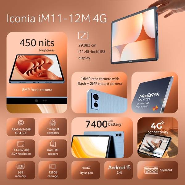 Acer ICONIA Tab iM11-12M 8 GB RAM 128 GB ROM 11.45 inch with Wi-Fi+4G Gaming Tablet (Blue) - Photo 3