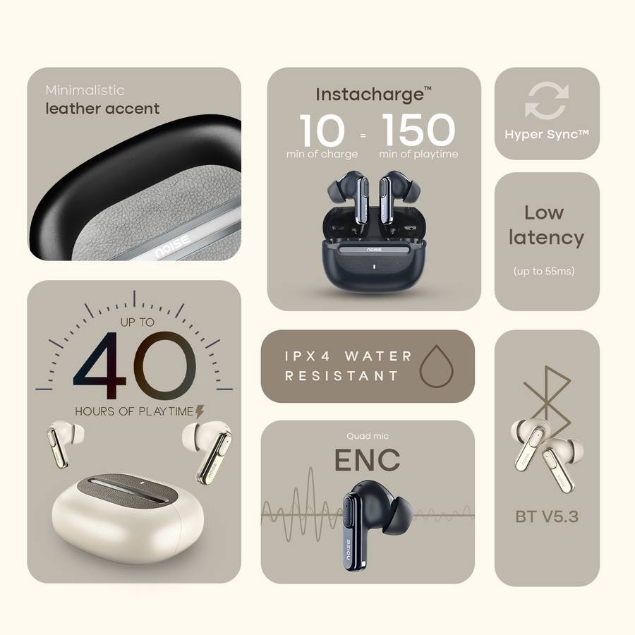 Noise Buds UNO, 40Hrs Playtime, Quad Mic with ENC, Premium Leather Accent, Dual Pair Bluetooth (Ivory Grain) - Photo 3
