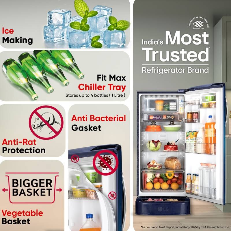 LG 185 L Direct Cool Single Door 5 Star Refrigerator with Base Drawer  with Smart Inverter Compressor, Runs on Home Inverter, Fit Max Chiller Tray & 2026 Model (Blue Waterlilly) - Photo 4