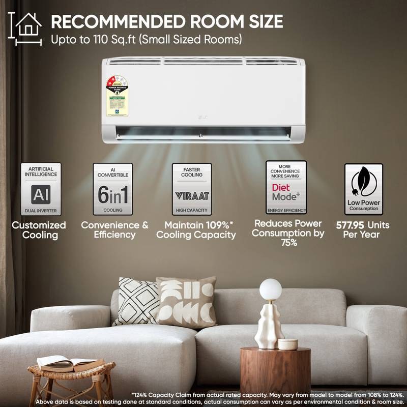 LG 2026 Model 0.8 ton 2 Star Split Smart Inverter Faster Cooling and Energy Saving, AI Convertible 6-in-1 Cooling, HD Filter with Anti Virus Protection, Him Clean, VIRAAT Mode and Diet Mode Plus AC (White) - Photo 3