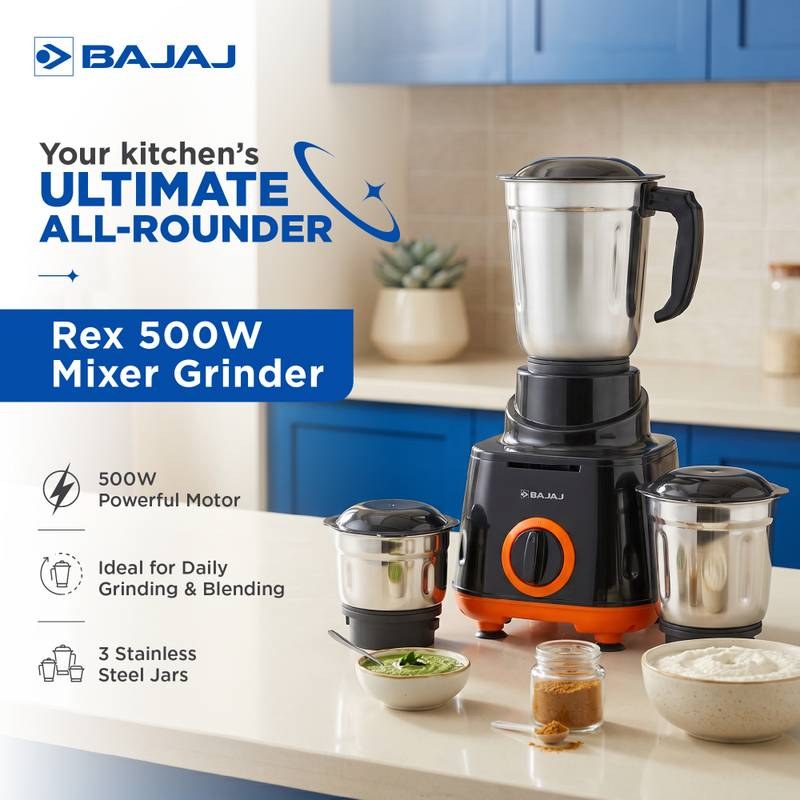 BAJAJ Rex 500 W Mixer Grinder (Black, Orange) - Photo 2