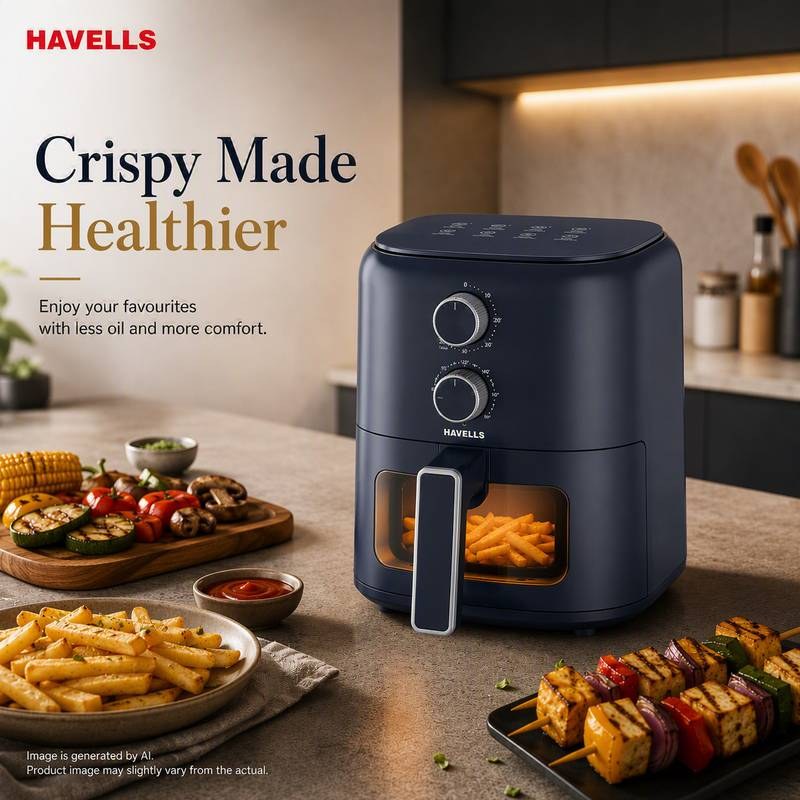 HAVELLS Prolife Brio Air Fryer 4.2 L | Aero Crisp Technology for Air Circulation Aero Crisp Technology for Air Circulation See Through Window Non-Stick Silicon Coated Basket Adjustable Temperature and Time Air Fryer (Blue) - Photo 2