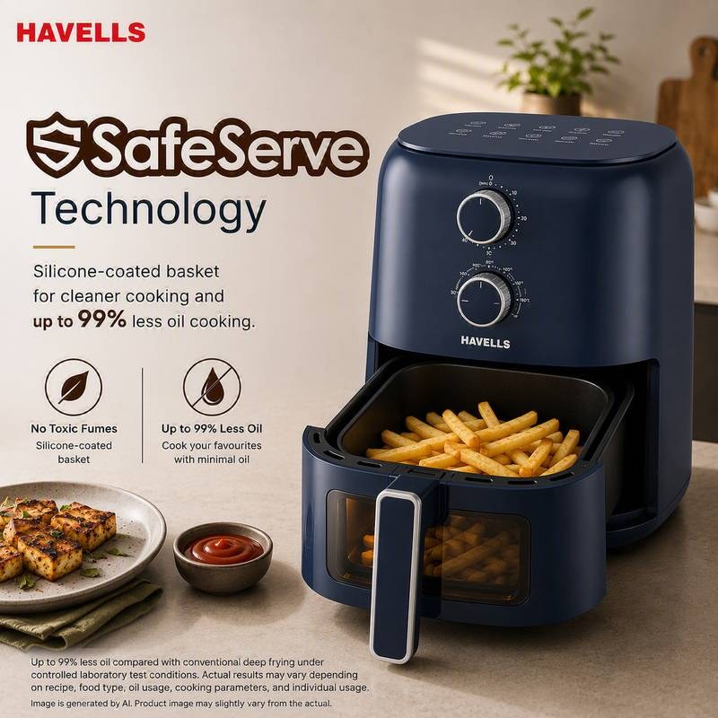 HAVELLS Prolife Brio Air Fryer 4.2 L | Aero Crisp Technology for Air Circulation Aero Crisp Technology for Air Circulation See Through Window Non-Stick Silicon Coated Basket Adjustable Temperature and Time Air Fryer (Blue) - Photo 4