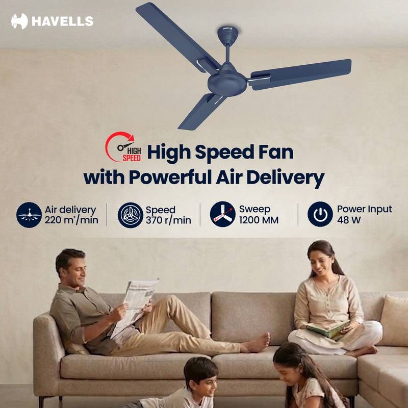 HAVELLS Ambrose Neo Ceiling Fan| High Speed, High Air Delivery| Strong & Powerful motor with 2 Year Warranty Anti Dust 1200 mm Ceiling Fan (Matt Blue) - Photo 3