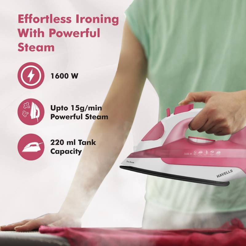 HAVELLS by Havells Tru-Steam Steam Iron with Self Cleaning Function|Vertical & Horizontal Ironing 1600 W Steam Iron (Pink) - Photo 2