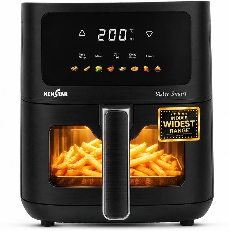 [SMH-A4CB95A12E4D079A] Kenstar Aster Smart 4.5 L with See Through Window Non-Stick Pan 2 Years Warranty Air Fryer (Black)