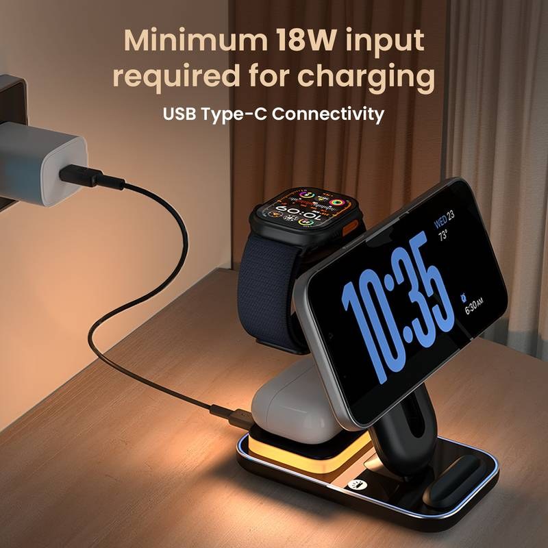 Portronics TriCharge Ultra 3-in-1 Wireless Charger Phone, Watch & Earbuds Adjustable Height Charging Pad (Black) - Photo 2