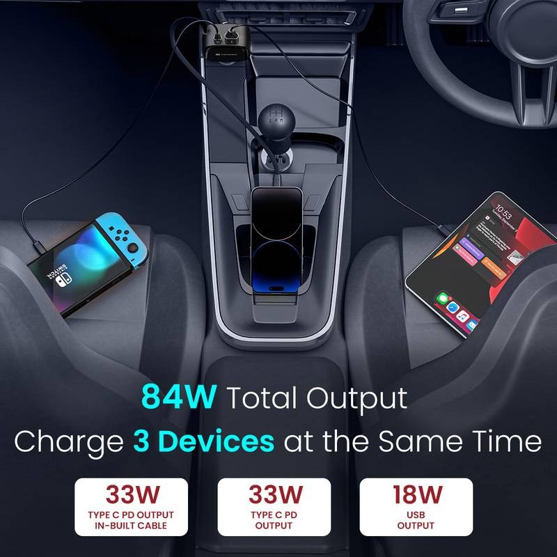 Portronics 84 W Turbo Car Charger - Car Power Retracto 84W Car Charger,Retractable Cable,Dual Port(33W+18W) (Black) - Photo 2