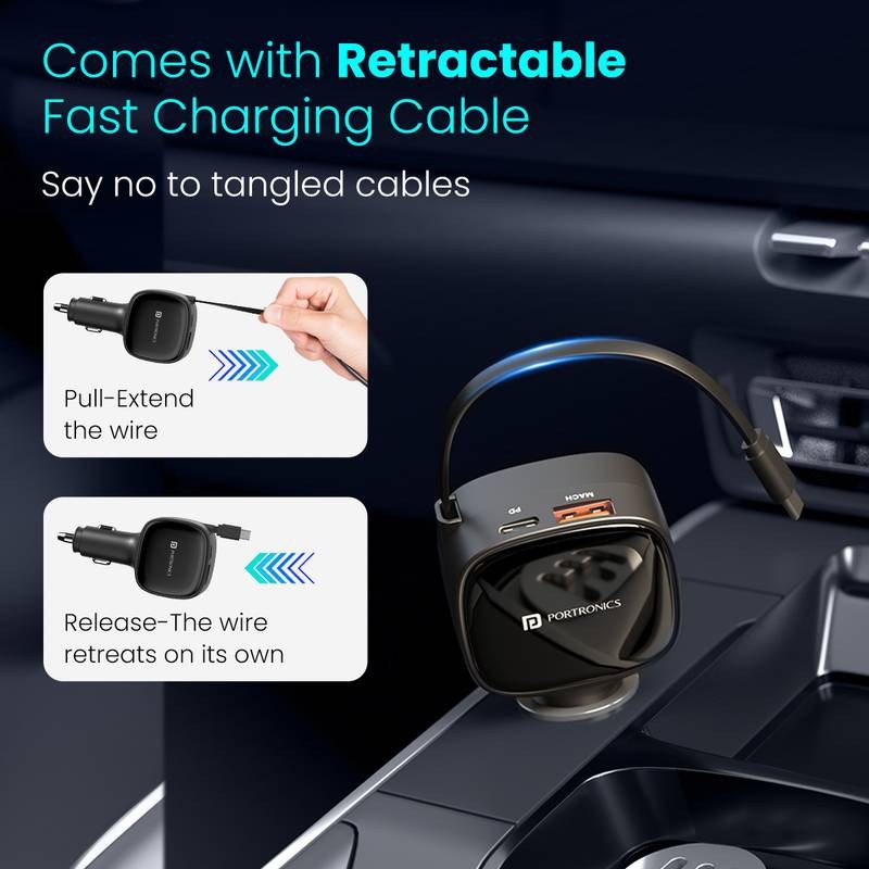Portronics 84 W Turbo Car Charger - Car Power Retracto 84W Car Charger,Retractable Cable,Dual Port(33W+18W) (Black) - Photo 3