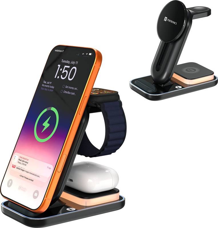 [SMX-AF2E4AB89B620573] Portronics TriCharge Ultra 3-in-1 Wireless Charger Phone, Watch & Earbuds Adjustable Height Charging Pad (Black)